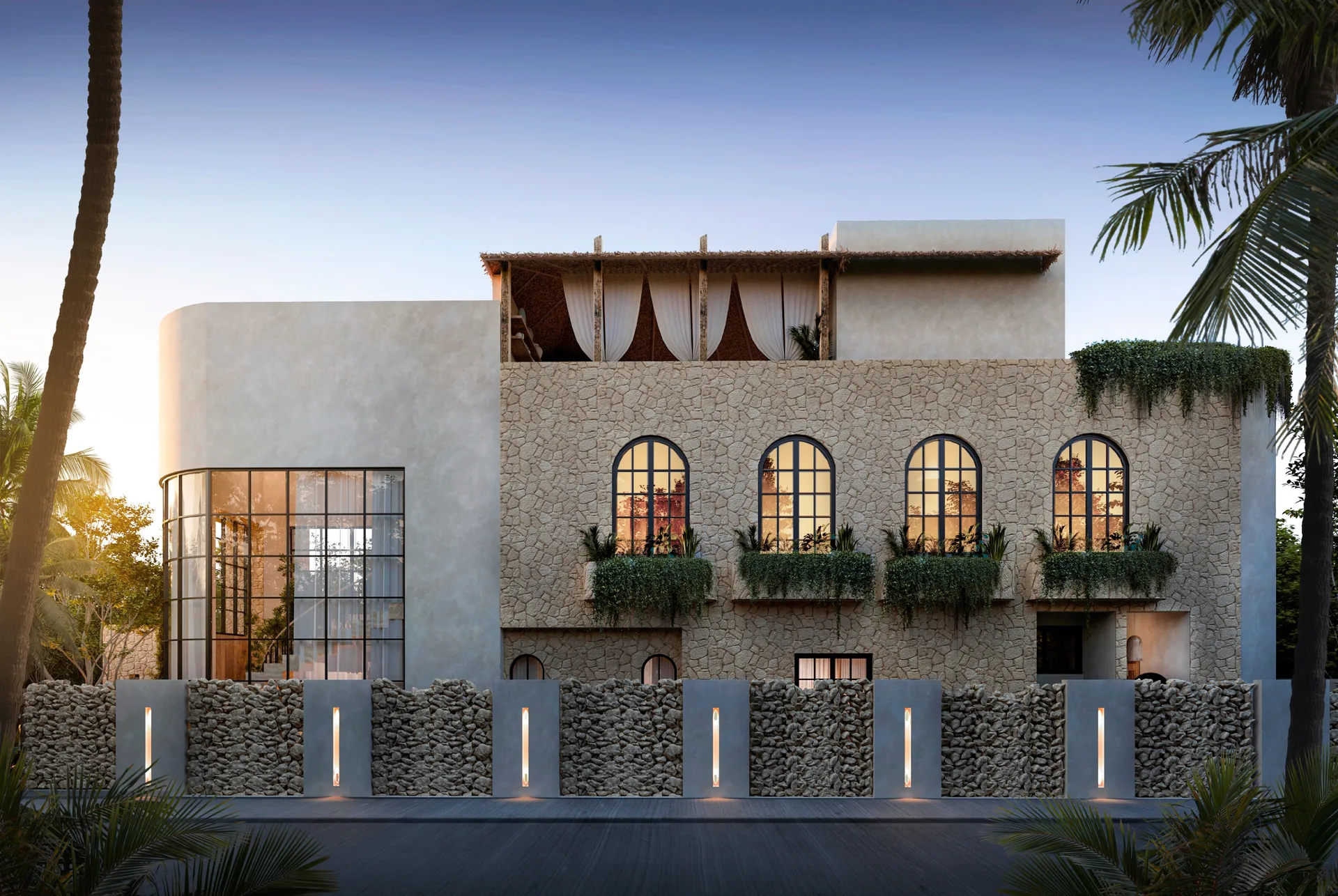 Six-Bedroom Architectural Villa with Triple-Height Living Room and Rooftop Retreat Near Tulum Beaches